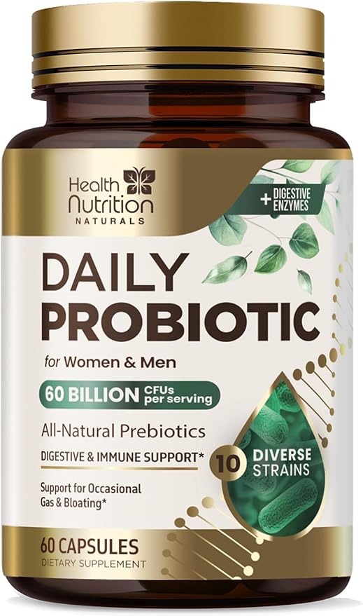 Daily Probiotic and Acidophilus Prebiotic Supplement 60 Billion CFU Capsule for Women & Men - 10 Diverse Strains - for Bloating Gas & Digestive Gut & Immune Health Support, Gluten Free - 60 Capsules