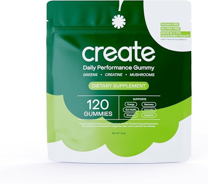 Create Daily Performance Gummy - Creatine Monohydrate Gummies for Men & Women - Boost Energy, Immunity, and Strength, Anti-Melting Formula, Vegan, Gluten-Free, Non-GMO, 1 g Creatine per Gummy (120 ct)