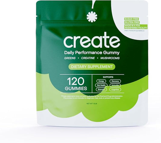 Create Daily Performance Gummy - Creatine Monohydrate Gummies for Men & Women - Boost Energy, Immunity, and Strength, Anti-Melting Formula, Vegan, Gluten-Free, Non-GMO, 1 g Creatine per Gummy (120 ct)