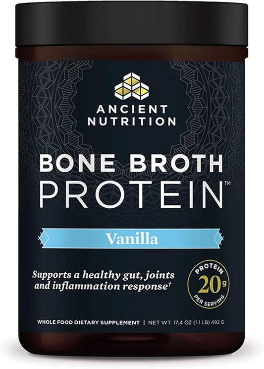 Ancient Nutrition Protein Powder Made from Real Chicken and Beef Bone Broth, Vanilla, 20g Protein Per Serving, 20 Serving Tub, Gluten Free Hydrolyzed Collagen Peptides Supplement