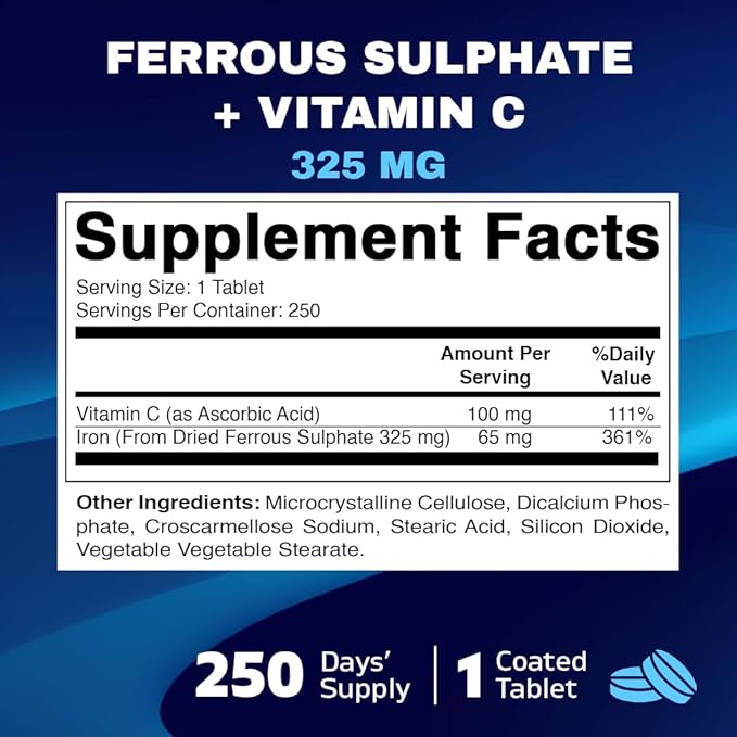 Vitamatic Ferrous Sulphate 325 mg + Vitamin C 100 mg - (65 mg Elemental Iron) High Potency Iron Supplement | No Artificial Color Additives - 250 Coated Tablets - Made in USA