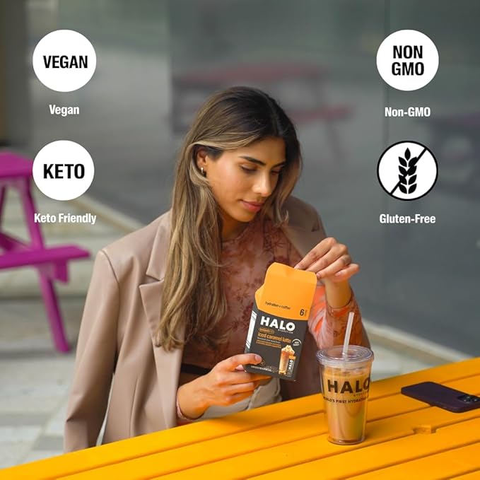 HALO Iced Caramel Latte - Energy Drink Powder – Healthy Coffee Mix for Hydration with Electrolytes, Caffeine, Vitamins and Minerals - 20 Calories - Keto and Low Calorie - 1 x 12 Sticks