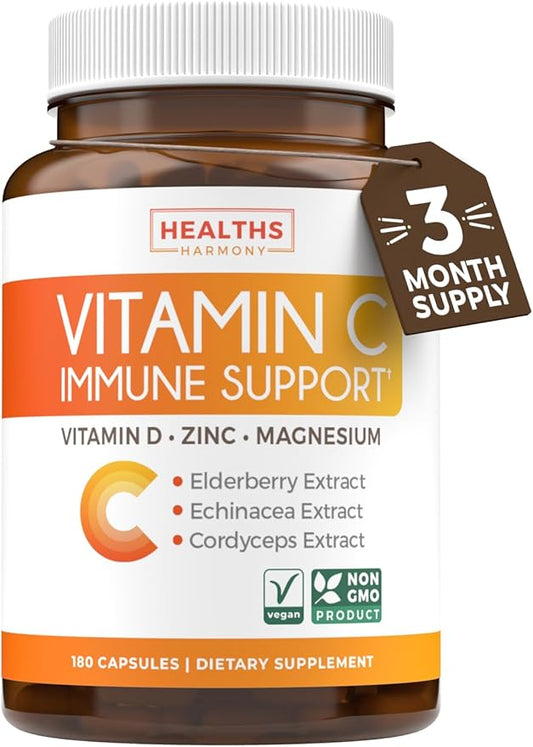 Vitamin C Immune Support Supplement - Immunity Boost Blend with Elderberry Vitamin C and Zinc for Daily & Seasonal Support - Immunity Supplement with Magnesium Zinc Vitamin C and D (3 Months Supply)
