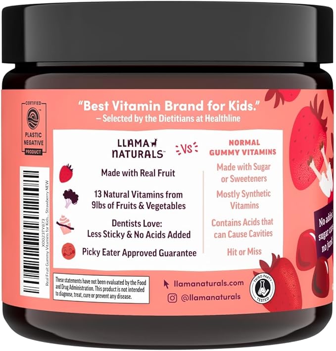 Llama Naturals Real Fruit Gummy Vitamins for Kids, No Added Sugar Cane, Beta Carotenes, Whole Food Multivitamin, Vegan Toddler Gummies, Plant Based, Organic, Chewable 90 ct (30-45 Days) Strawberry