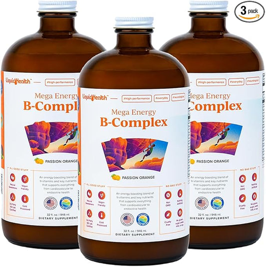 LIQUIDHEALTH Mega Energy Methylated B-Complex, Adult Liquid Vitamin Supplement - Increase Energy, Relieve Stress & Fatigue, Immune System Support, Heart & Gut Health - Vegan, Sugar-Free (3 Pack)