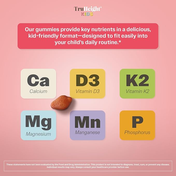 TruHeight Kids Bone Growth Gummies (Ages 2+) All Natural Kids & Toddler Vitamins - Endorsed by Pediatricians - Vitamin D, Calcium, K2, Magnesium Multivitamin - Natural Growth & Development