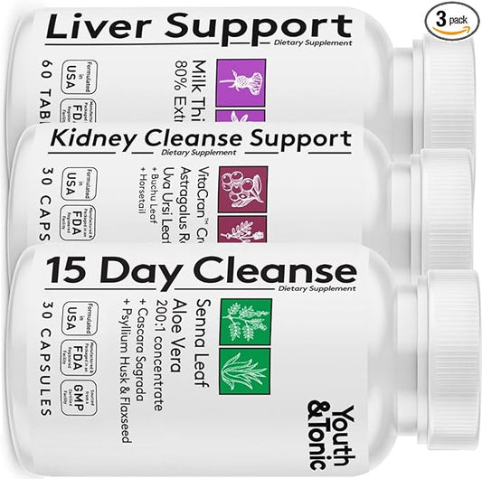 Youth & Tonic 3X Body Cleanse and Detox Pills for Women & Men with Liver, Kidney, Colon Supplements to Support Healthy Functions and for Loss of Unwanted Impurities and Metabolic Waste. 120 Capsules