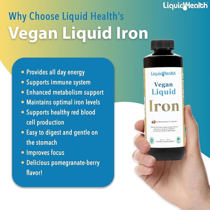 LIQUIDHEALTH Vegan Liquid Iron Supplement with SunActive & Ferrochel Fe - Natural Energy, Immune System & Metabolic Support, Better Focus, Prenatal/Postnatal - Non-GMO, Sugar Free (2 Pack)