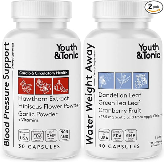 Youth & Tonic Daily Water Weight Away Pills and Blood Pressure Support Supplements/Natural Diuretics for Water Retention & BP Capsules to Maintain a Good Circulatory Health / 60 CPS for Women & Men