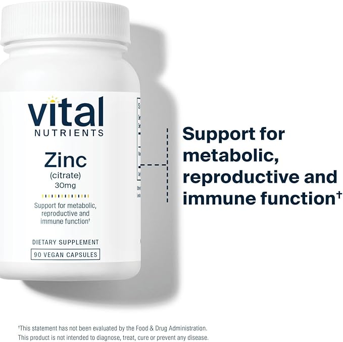 Vital Nutrients Zinc Citrate 30mg | Easily Absorbed Immune Support Supplement* | Vegan Zinc Supplement | Gluten, Dairy, Soy Free | Non-GMO | 30mg | 90 Capsules