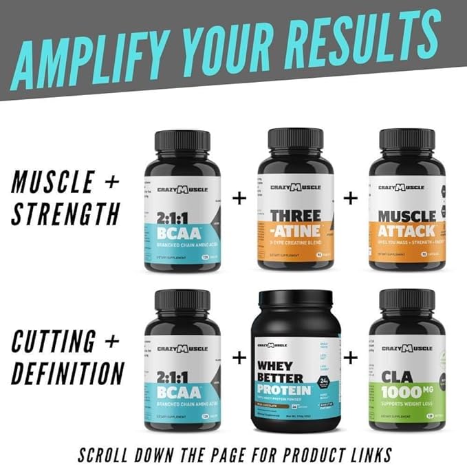 Crazy Muscle BCAA Pills with The Perfect 2:1:1 Ratio of Branched Chain Amino Acids Supplement - 1000mg of BCAAs per Pill (Better Than Capsules) 120 Tablets