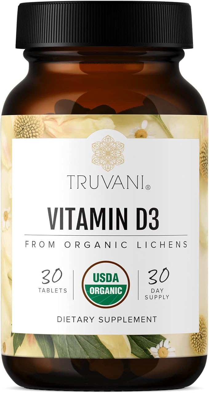 Truvani Organic Vitamin D3 - Plant-Based, USDA Organic, Gluten-Free, Non-GMO, Vegan D3 Supplement - Supports Bone, Immune & Brain Health - 30 Tablets