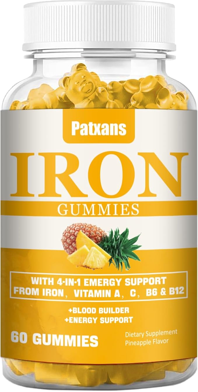 1 Pack 100MG Iron Supplement Gummies for Women & Men - with Vitamin A, C, B - Blood Builder ＆ Energy Support for Iron Deficiency, Anemia, Adults ＆ Children, Vegan, Pineapple Flavor Gummy, 60ct