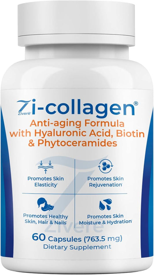 Zi-Collagen - Premium Collagen Capsules with Phytoceramides Hyaluronic Acid and Biotin - Skin Hair and Nails Advanced Anti Aging Supplement - Multivitamin for Women & Men - 60 Pills