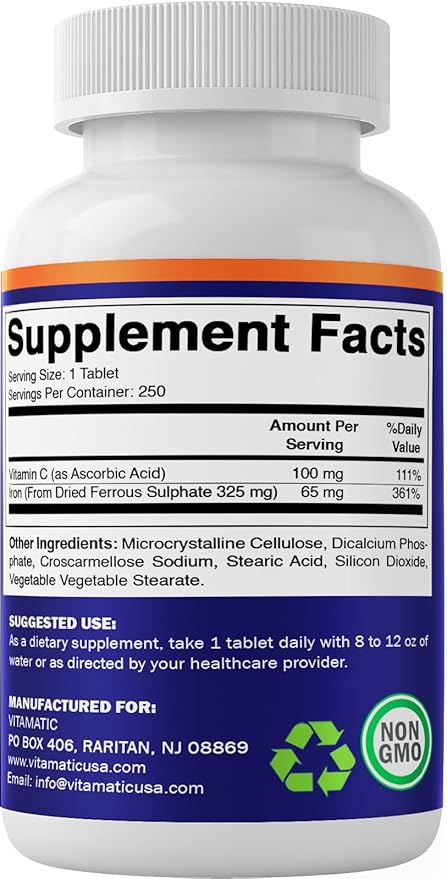 Vitamatic Ferrous Sulphate 325 mg + Vitamin C 100 mg - (65 mg Elemental Iron) High Potency Iron Supplement | No Artificial Color Additives - 250 Coated Tablets - Made in USA