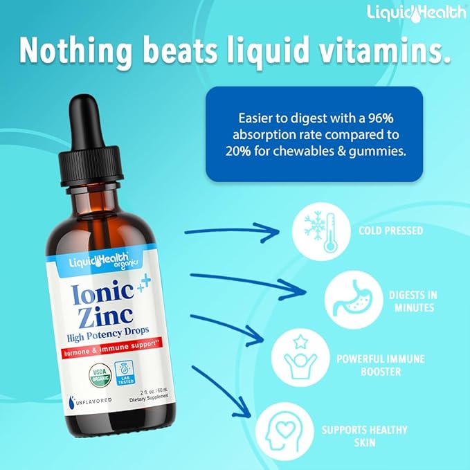 LIQUIDHEALTH Ionic Zinc High Potency Drops, Pure Zinc Trace Mineral Liquid Vitamin Supplement for Adults & Kids Over 4 - Immune Boosting, Digestive Support, Skin & Wound Health - Vegan, Non-GMO (2 oz)