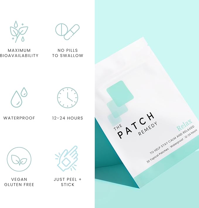 The Patch Remedy Relax Patches - 30 Topical Stress Relief Patches with Ashwagandha, L-theanine, Lemon Balm, Valerian, Passionflower, Vitamin B6, Rhodiola Rosea | Calming, Relieving, Relaxing