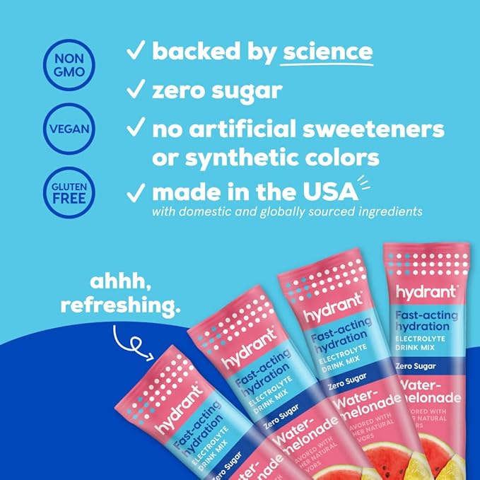 HYDRANT Hydrate No Added Sugar, Individual Hydration Electrolye Powder Stick Packets with Zero Sugar and FSA & HSA Eligibility (Watermelonade, 30 Count)