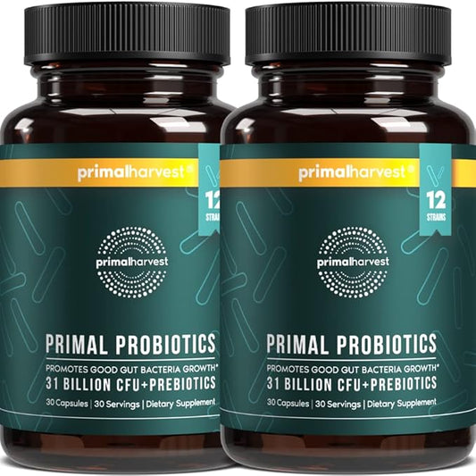 Primal Harvest 2 Pack, PREbiotics and PRObiotics for Women & Men, Primal Probiotics 30 Oral Probiotics Capsules for Gut Health, 12 Dynamic Strains Probiotics for Women Digestive Health…