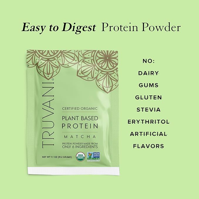 Truvani Vegan Pea Protein Powder | Matcha | 20g Organic Plant Based Protein | 1 Serving | Keto | Gluten & Dairy Free | Low Carb | No Added Sugar