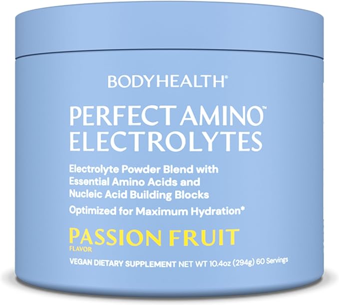 BodyHealth PerfectAmino Electrolytes Powder, Hydration Powder, Sugar Free Electrolyte Drink Mix, Keto Electrolytes Powder, Non GMO, Passion Fruit Flavor (60 Servings)