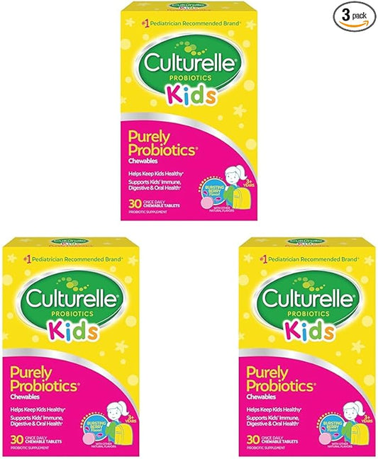 Culturelle Kids Chewable Daily Probiotic for Kids, Ages 3+, 30 Count, #1 Pediatrician-Recommended Brand, Natural Berry Flavored Daily Probiotics for Digestive Health, Oral Care & Immune Support