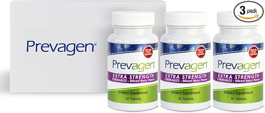 Prevagen Extra Strength 20mg, 30 Chewables|Mixed Berry-3 Pack|with Apoaequorin & Vitamin D with Attractive and Stackable Prevagen Storage Box