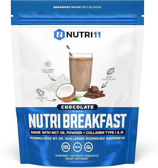 NutriBreakfast by Nutrillermo/Keto Protein Chocolate Collagen Powder with MCT Oil/MCT Oil Powder with Collagen/Keto Collagen Peptides Powder with Grass-Fed Bovine Collagen Type I & III-15 Servings