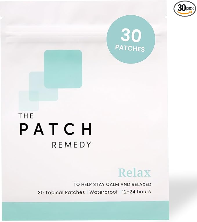 The Patch Remedy Relax Patches - 30 Topical Stress Relief Patches with Ashwagandha, L-theanine, Lemon Balm, Valerian, Passionflower, Vitamin B6, Rhodiola Rosea | Calming, Relieving, Relaxing