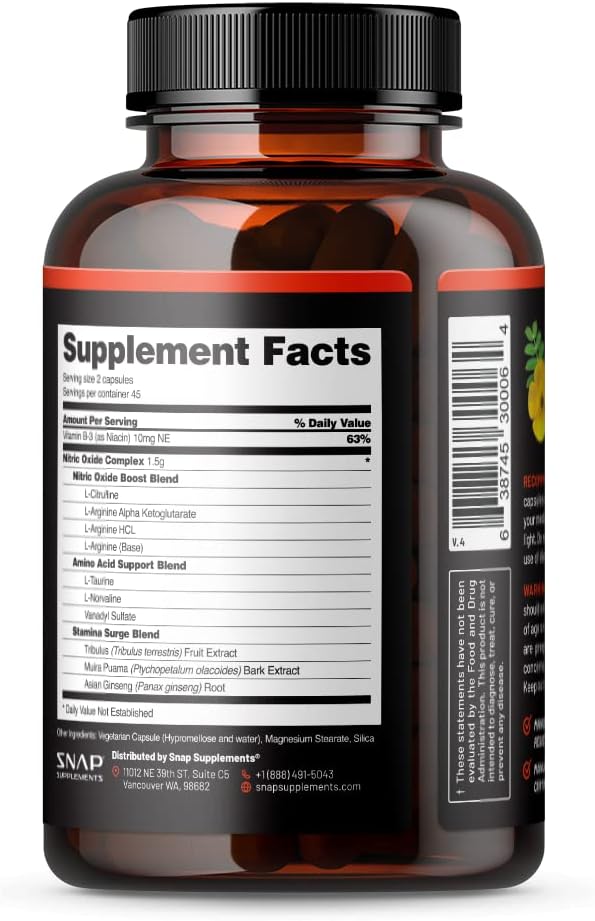 Snap Supplements Nitric Oxide Booster, Support Healthy Blood Pressure, Nitric Oxide Supplements for Men and Women (90 Count)
