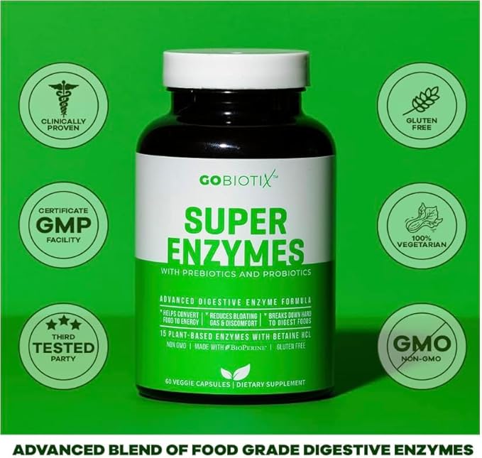 GOBIOTIX Digestive Enzymes Supplement with Prebiotics and Probiotics for Women and Men - Gut Health, Gluten Digestion, Lactose Absorption, Plant Based Dietary Pills - 120 Capsules