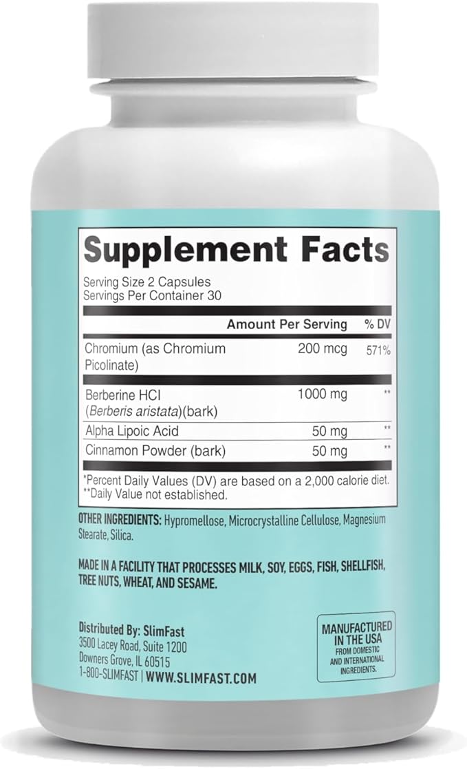 SlimFast Berberine Plus Capsules, Berberine Supplement, with Berberine hcl, Chromium Picolinate, Alpha Lipoic Acid, and Cinnamon Bark, 60 Count, 30 Servings