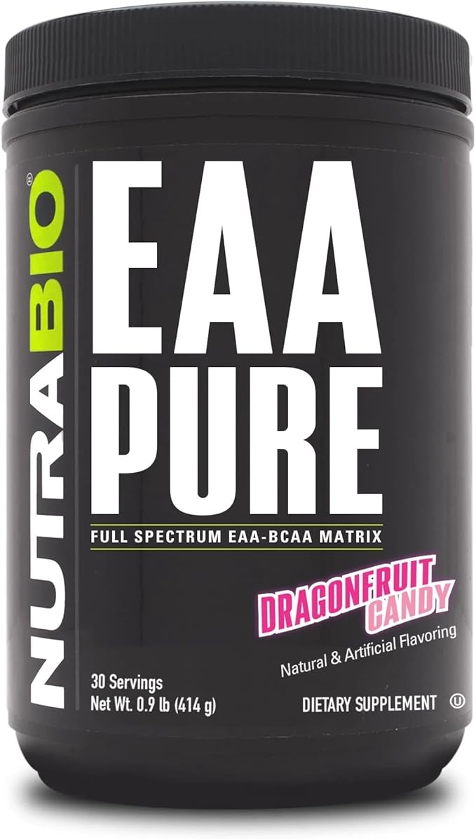 NutraBio – EAA Pure – 9 Amino Acids – Muscle Repair and Recovery, 30 Servings, Dragon Fruit Candy – Pre or Post Workout – All Day Recovery