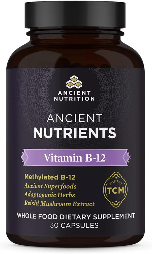 Vitamin B12 Supplement by Ancient Nutrition, Supports Energy Metabolism and Nervous System Health, Adaptogenic Herbs, Enzyme Activated, Paleo & Keto Friendly, 30 Capsules
