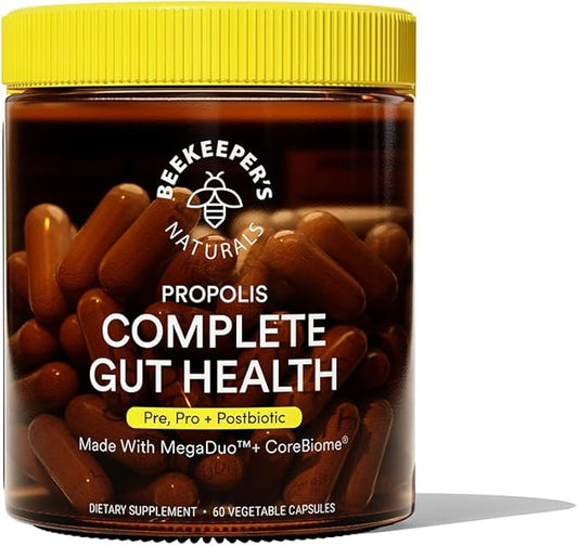 Beekeeper's Naturals Complete Gut Health, 3-in-1 Prebiotic, Postbiotic, Probiotics for Digestive Health & Bloating Relief for Women & Men, Propolis Powered, Gluten-Free Vegan Capsules, 60ct