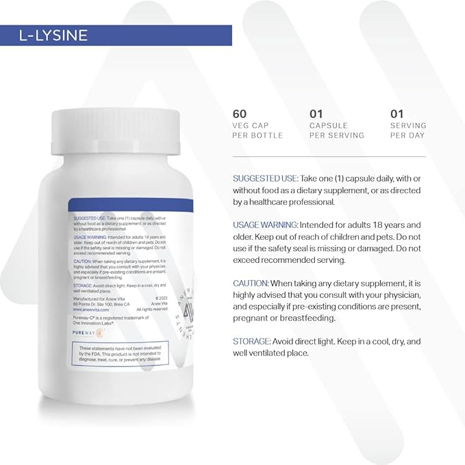 L-Lysine Supplement with Vitamin B12 + C + Zinc for Lip, Mouth, and Oral Tissue Health - Enhanced Wellness Support - Non-GMO, Gluten-Free - Made in USA - 60 Vegetable Capsules, 500mg