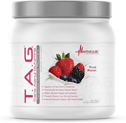 Metabolic Nutrition, TAG, Trans Alanyl Glutamine, 100% L-Glutamine Peptide Powder, Pre Intra Post Workout Supplement, 400 Grams (40 Servings) (Fruit Punch)