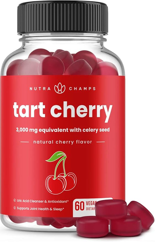 NutraChamps Tart Cherry Gummies - 3000mg Tart Cherry Extract with Celery Seed - Uric Acid Cleanse Supplement - Antioxidant, Joint Comfort, Flexibility, Immune Health, Sleep - 60 Vegan Gummies