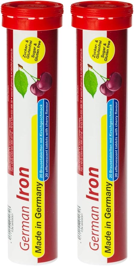 German Iron 14 mg - 40 Vegan Drink Effervescent Tablets - Cherry Flavor - Made in Germany