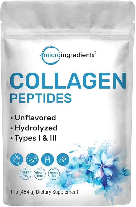Micro Ingredients Hydrolyzed Collagen Peptides Powder, 1lb | Grass Fed Bovine Collagen for Women & Men | Type I & III Unflavored | Easy Mixing Vital Nutrients for Healthy Hair, Skin & Joints