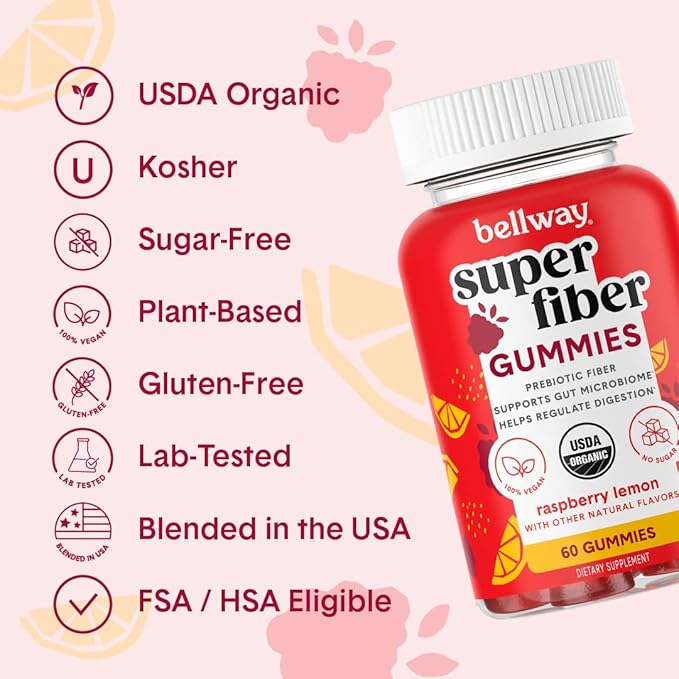 Bellway Super Fiber Gummies for Adults (3 Pack) - Sugar Free Organic Fiber Supplement Gummies with 4g of Fiber per Serving - Prebiotic Chicory Root Fiber for Gut Health, Raspberry Lemon, 180 Count