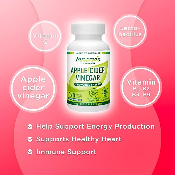 Apple Cider Vinegar 120 Chewable Tablets Healthy Heart Immune Support Energy Production Supplement