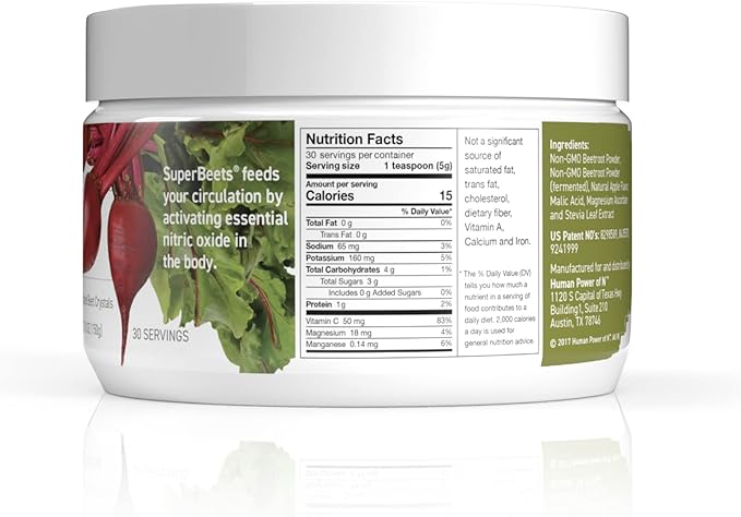 HumanN SuperBeets Beetroot Powder - Nitric Oxide Boost for Blood Pressure, Circulation & Heart Health Support - Non-GMO Superfood Supplement - Original Apple Flavor, 30 Servings