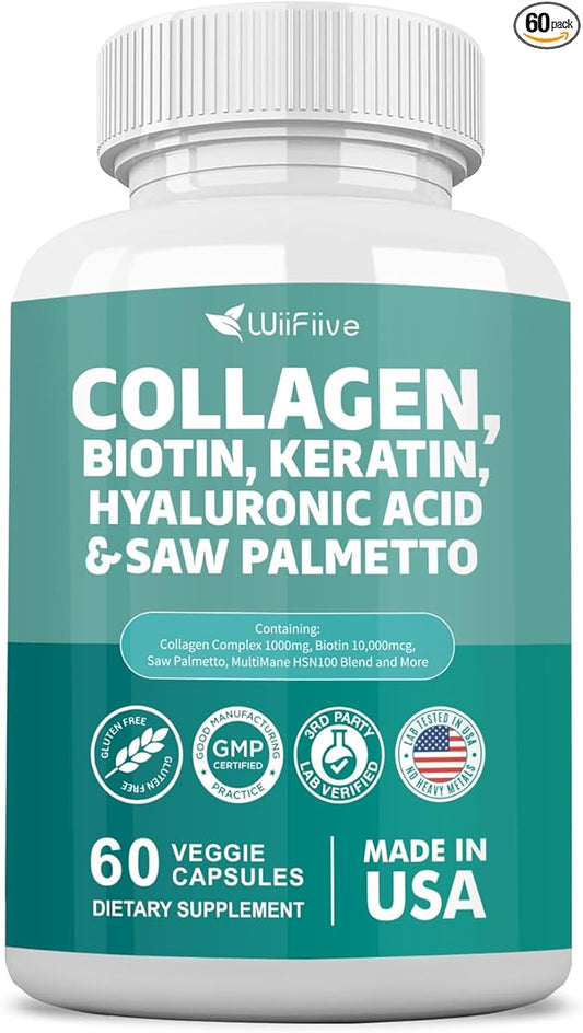Collagen 1000 mg Biotin 10000 mcg Kerarin Blend 500mg Saw Palmetto 2500mg Folate 1000 mcg with Hyaluronic Acid Vitamin C E Paba Keratin MSM Quercetin Mineral Supplements, 60 Capsules
