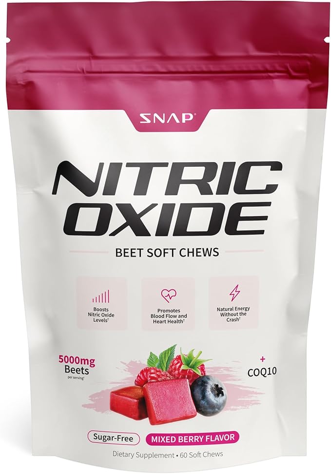 Snap Supplements Nitric Oxide Beet Chews, Nitric Oxide Booster, Natural Energy, Organic Beetroot Powder and COQ10, Support Healthy Blood Flow and Blood Circulation, Sugar-Free, 60 Soft Chews