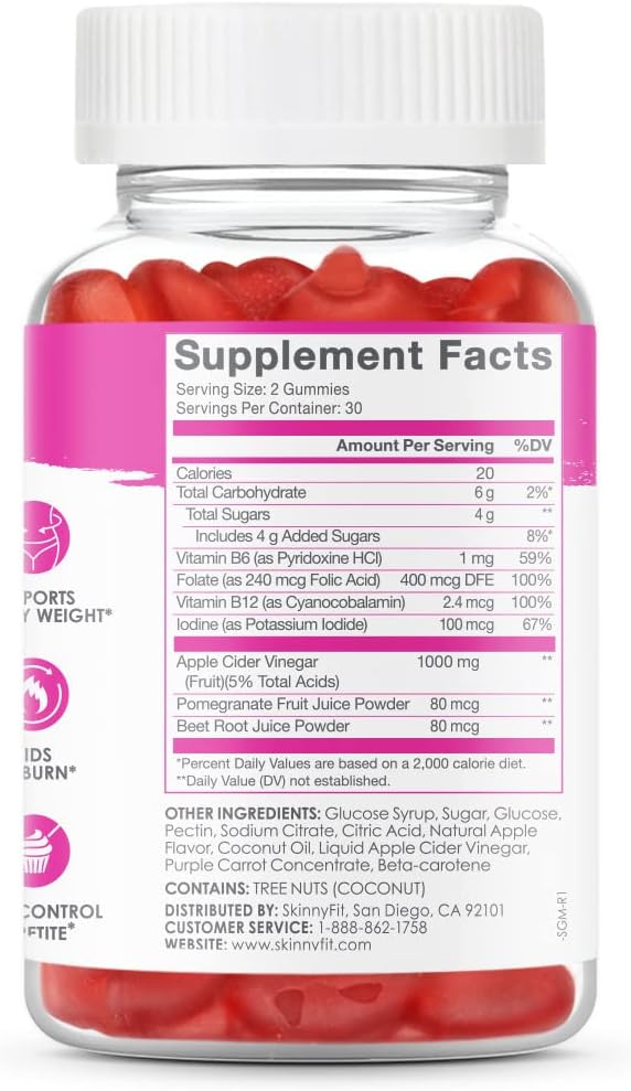 SkinnyFit Skinny Gummies Apple Cider Vinegar Gummies w/ The Mother, Healthy Weight, Immune Support, Vitamin B9, B12, Beetroot, Pomegranate, Vegan-Friendly, 60 Count