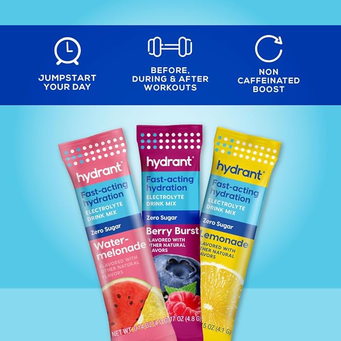 Hydrant Hydrate Zero Sugar, Individual Hydration Electrolye Powder Stick Packets with Zero Sugar and FSA & HSA Eligibility (Variety Pack, 30 Count)
