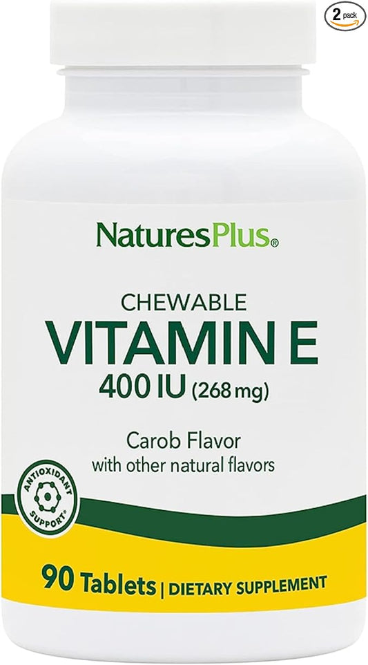 Natures Plus Vitamin E, Natural Carob Flavor - 90 Chewable Tablets, Pack of 2 - Free-Radical Defense & Overall Well-Being - Vegetarian, Gluten Free - 180 Total Servings