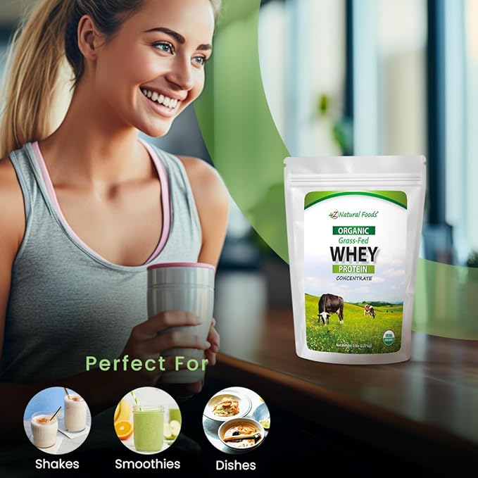 Z Natural Foods Organic Whey Protein Concentrate - Nutrient-Dense Grass Fed Whey Protein Powder - Cold Processed Pure Whey Protein with Essential Amino Acids for Nutrition & Fitness, Unflavored, 5 lbs