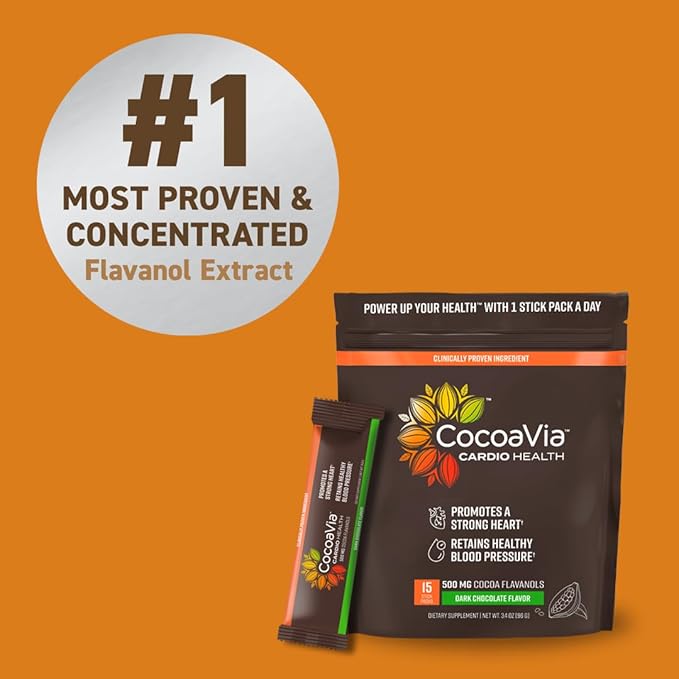 CocoaVia Cardio Health Cocoa Powder, 15 Single Serve Sticks, 500mg Cocoa Flavanols, Support Heart Health, Boost Nitric Oxide, Improve Circulation, Energy, Preworkout, Travel-Friendly, Vegan, Cacao